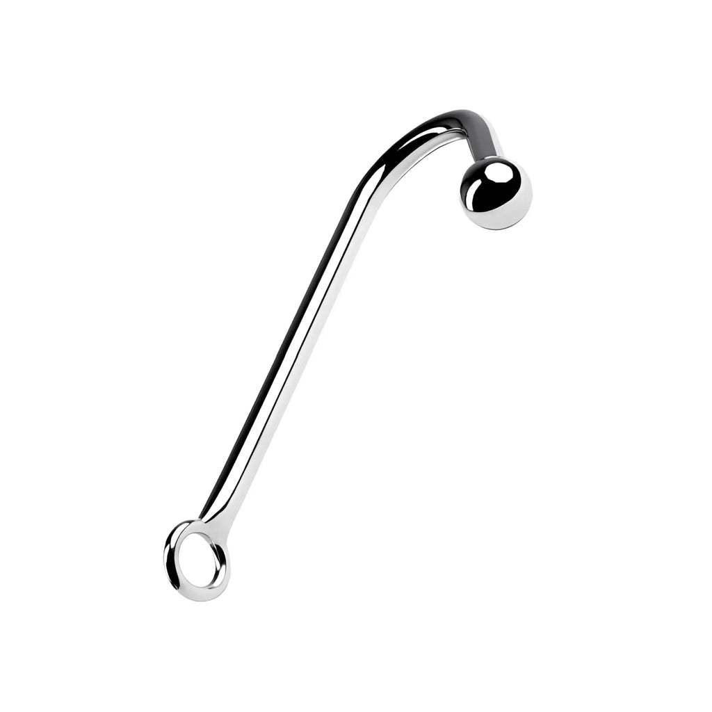 Shiny chrome-plated metal silver curved anal hook with a spherical ball at one end and an open ring at the other