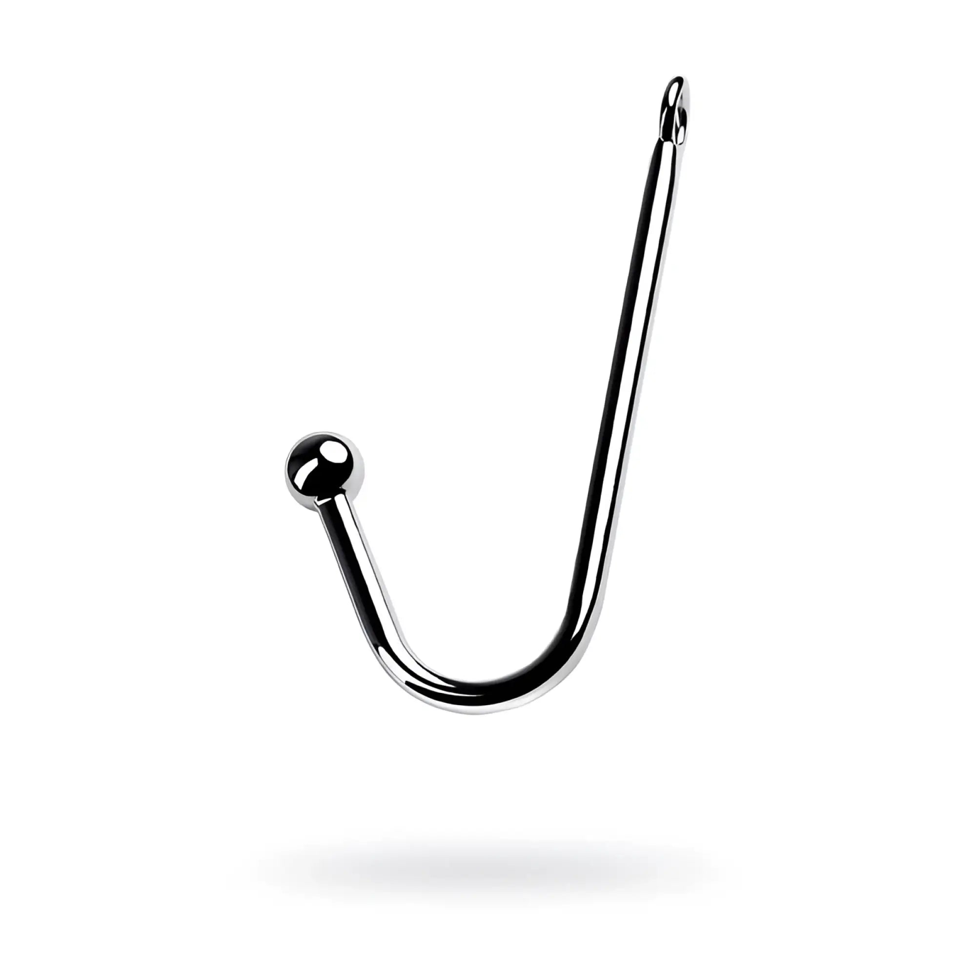Shiny chrome metal anal hook with u-shaped design ball end and eyelet attachment in silver metal finish