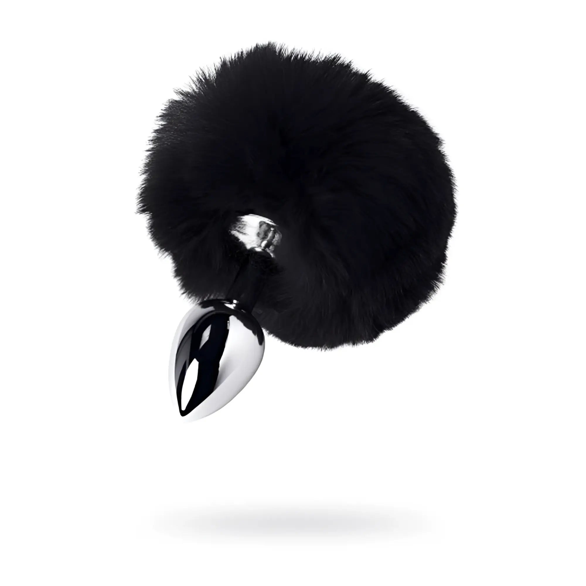 Black faux fur covered small metal anal plug with polished chrome tip and black tail for intimate use