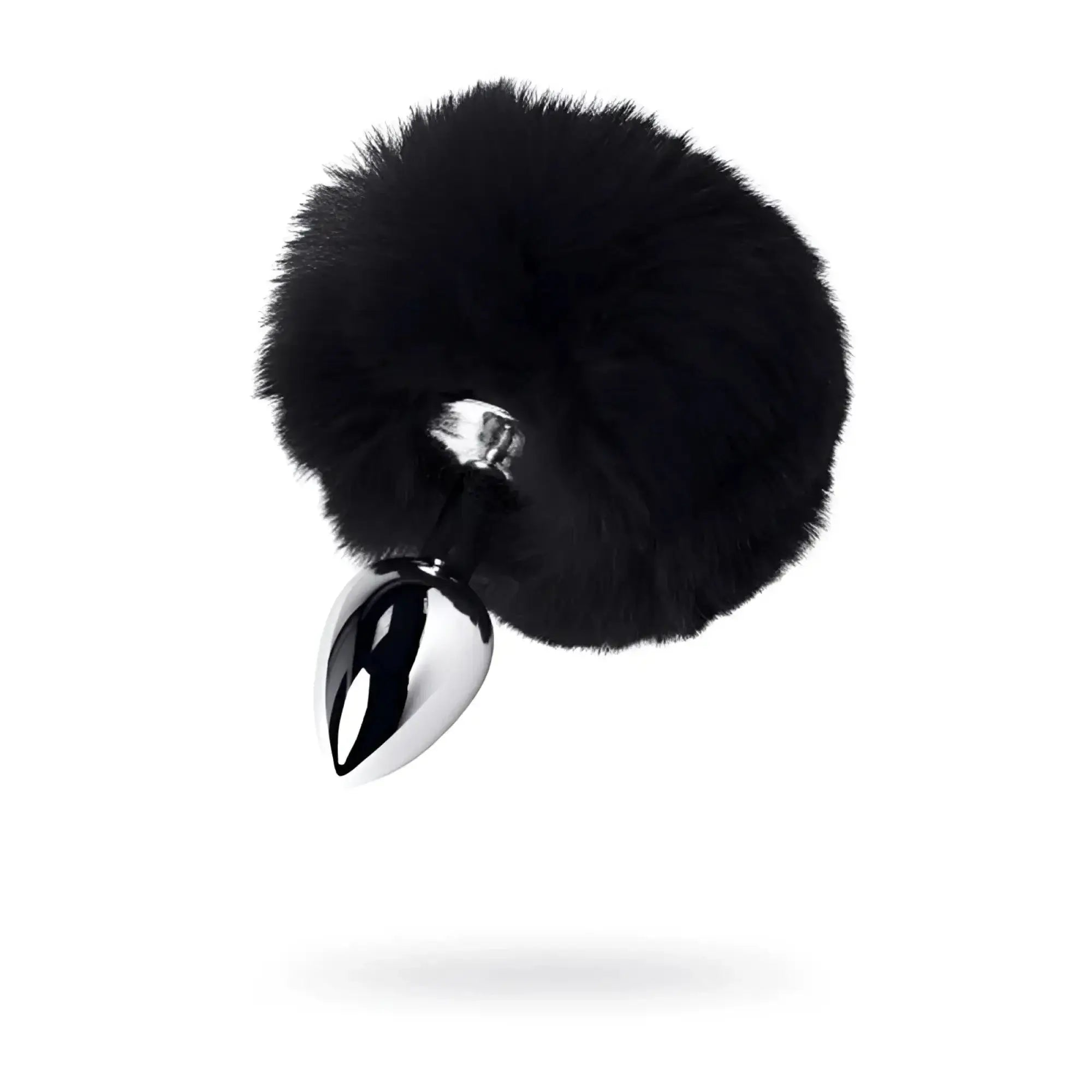 Black faux fur covered small metal anal plug with polished chrome tip and black tail for intimate use