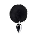 Metal silver metal anal plug small with black faux fur pom-pom tail and chrome finish shown from back side