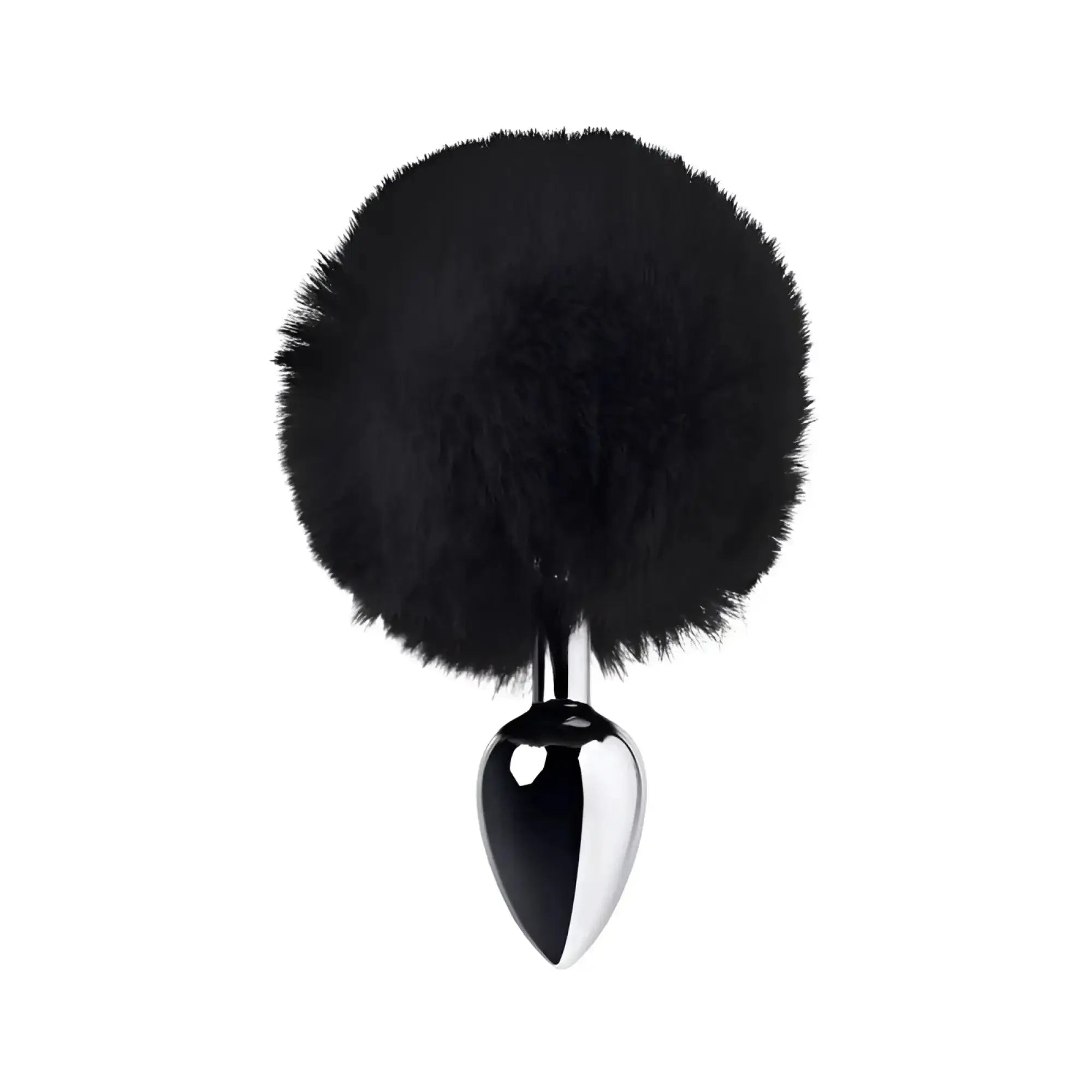 Metal silver metal anal plug small with black faux fur pom-pom tail and chrome finish shown from back side
