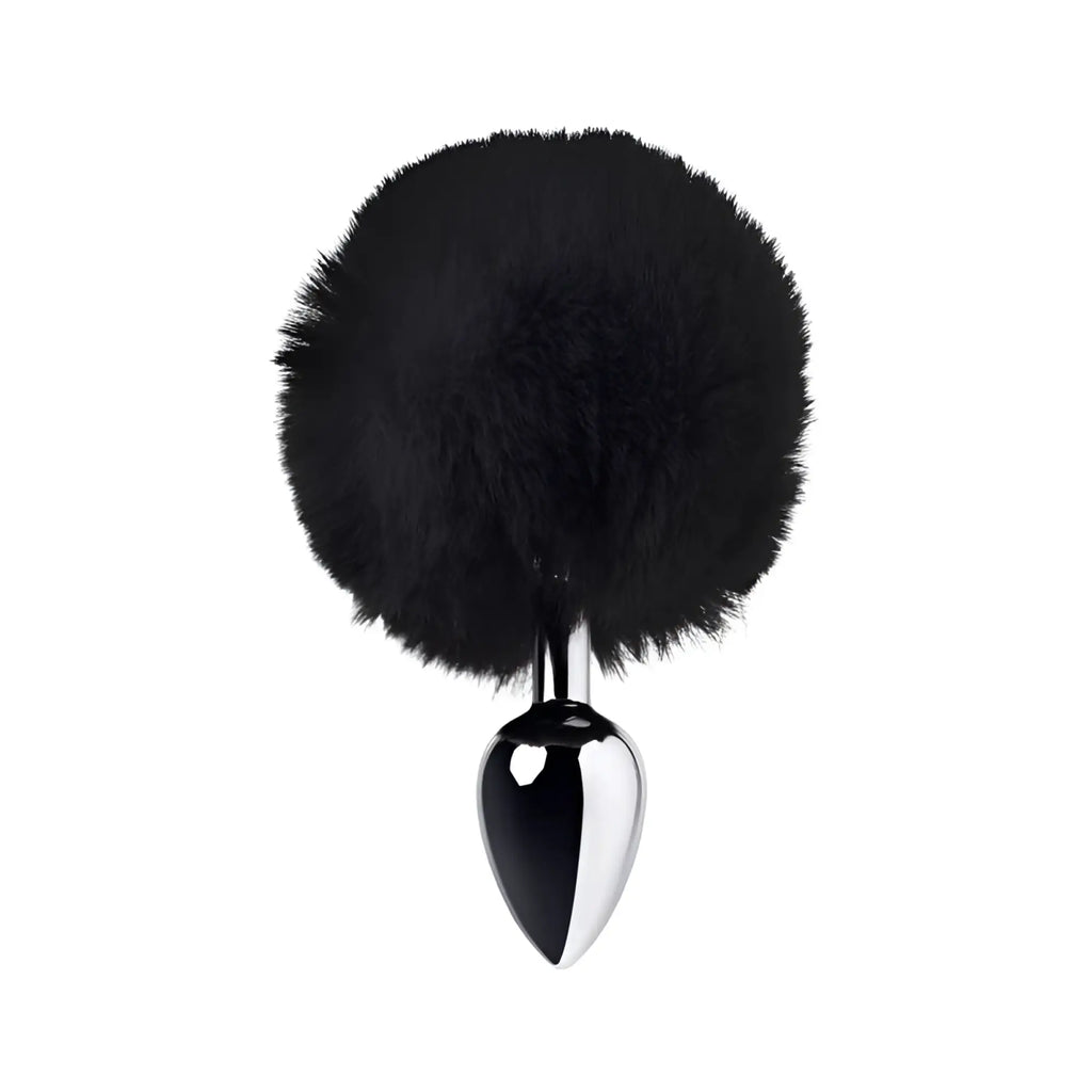Metal silver metal anal plug small with black faux fur pom-pom tail and chrome finish shown from back side