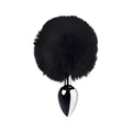 Metal silver metal anal plug small with black faux fur pom-pom tail and chrome finish shown from back side