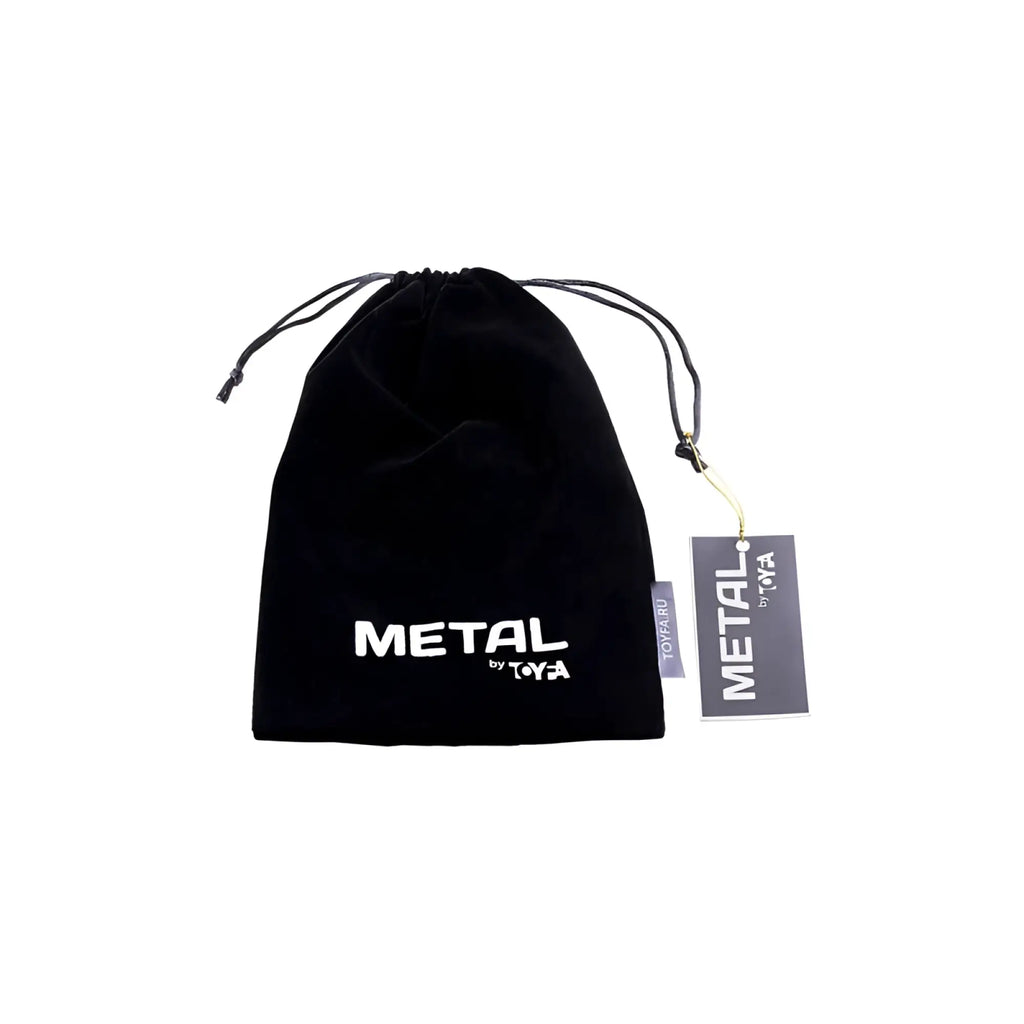 Black velvet drawstring pouch with white embroidered metal by toya branding for metal silver anal plug with black tail