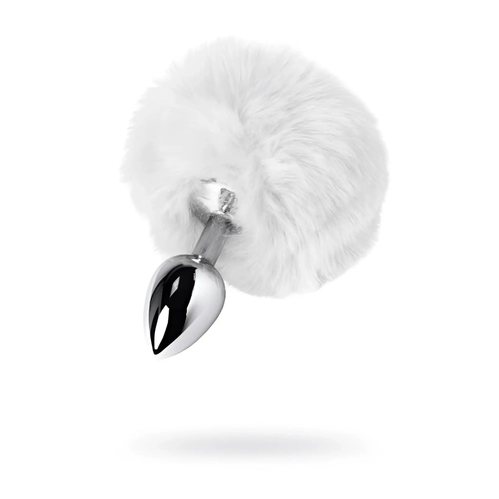 Silver metallic anal plug small with white fluffy faux fur pom pom tail attached on top