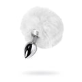 Silver metallic anal plug small with white fluffy faux fur pom pom tail attached on top