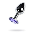 A sleek silver metal anal plug with a polished black teardrop head and an oval purple amethyst crystal base
