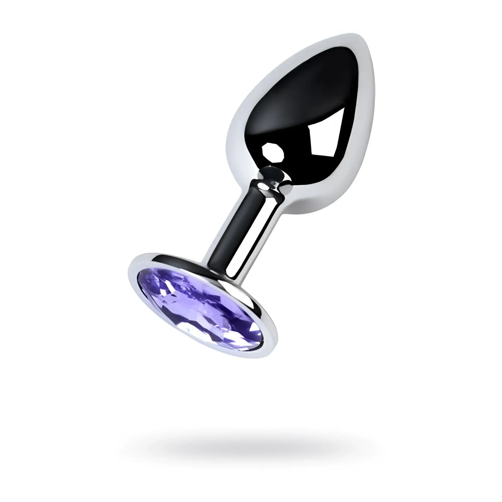 A sleek silver metal anal plug with a polished black teardrop head and an oval purple amethyst crystal base
