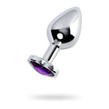 Silver-plated medium anal plug with faceted purple amethyst gemstone set in the base for metal silver metal use