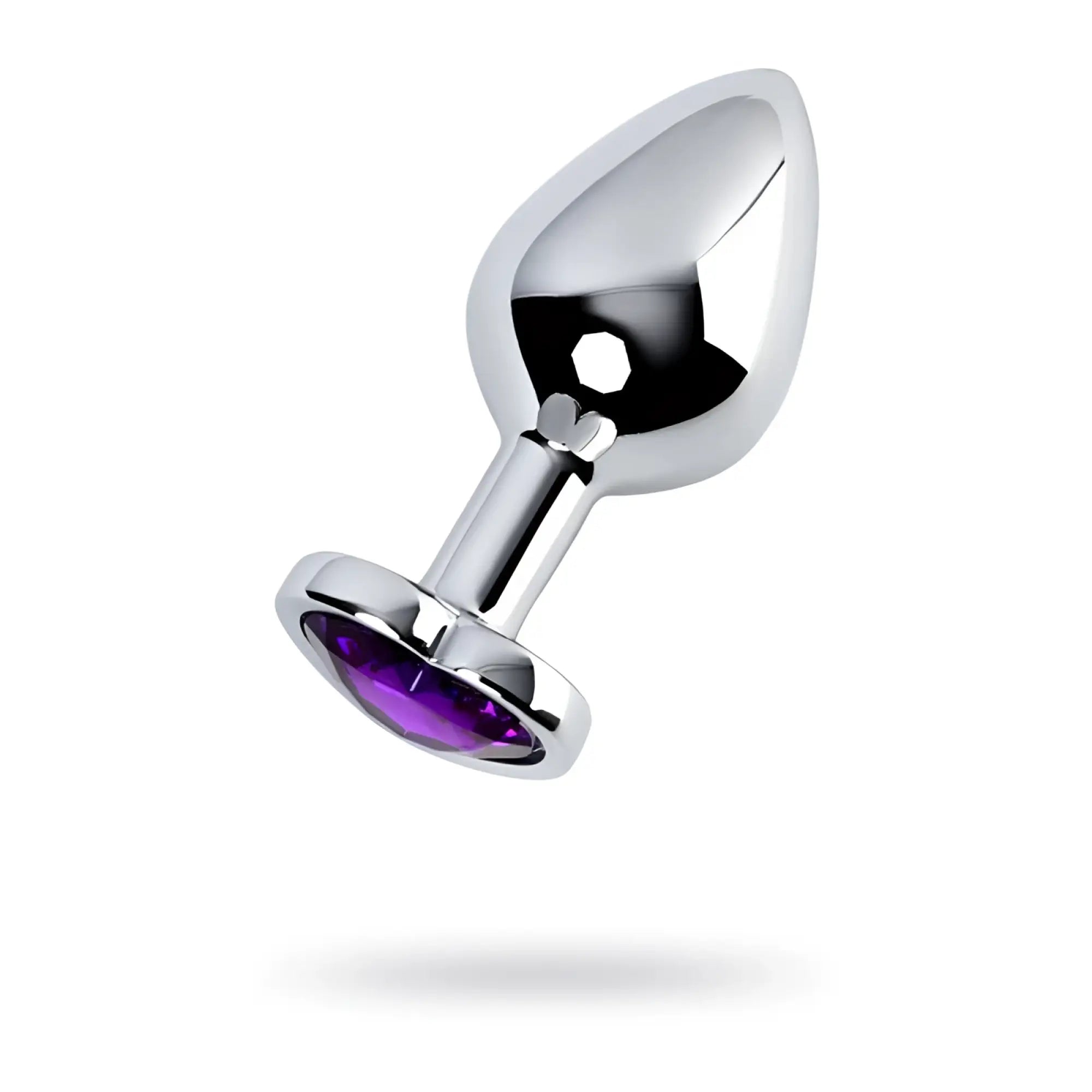 Silver-plated medium anal plug with faceted purple amethyst gemstone set in the base for metal silver metal use