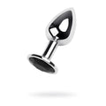 A sleek chrome silver metal anal plug with a teardrop head and black faceted gemstone base small size