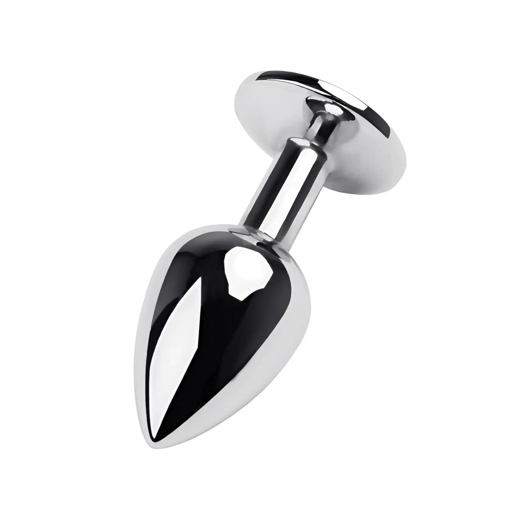 Shiny chrome-plated metal silver anal plug with black gem small smooth tapered design and rounded flange