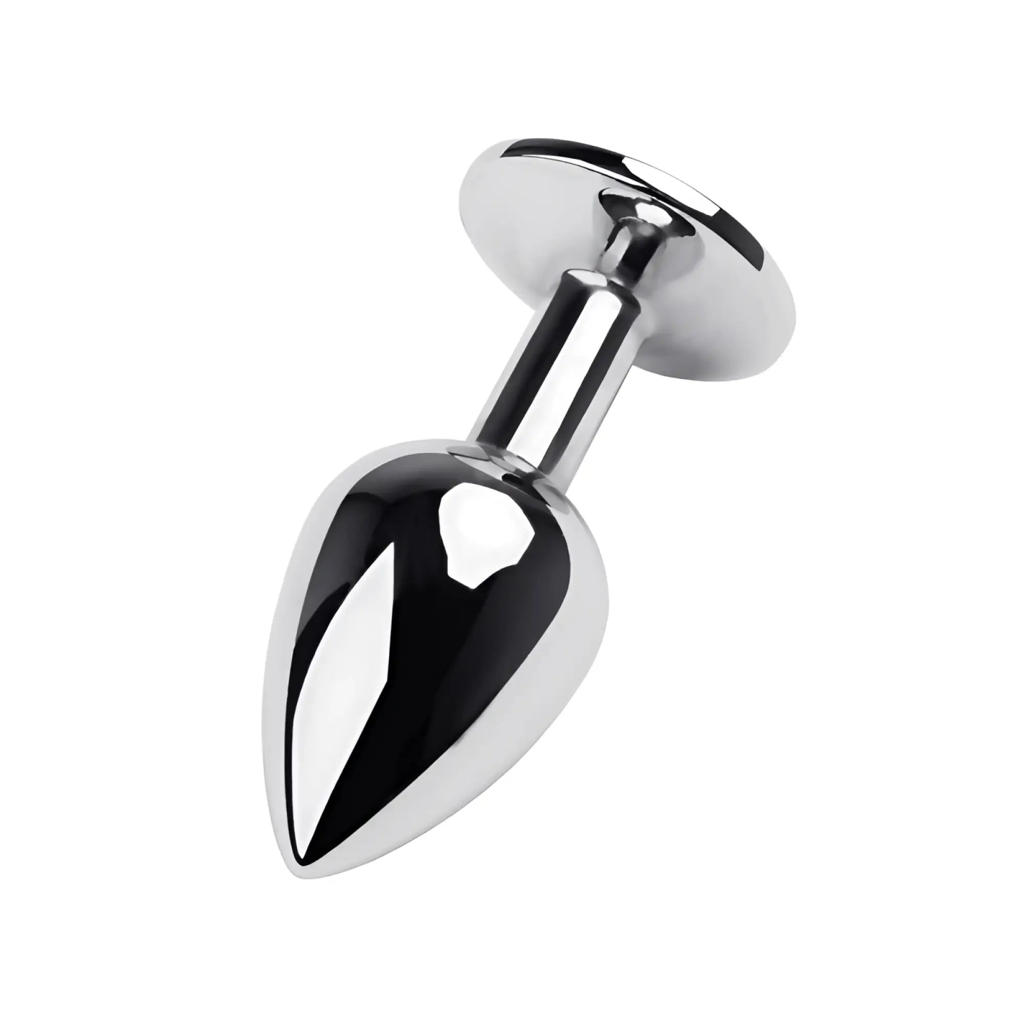 Shiny chrome-plated metal silver anal plug with black gem small smooth tapered design and rounded flange