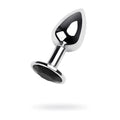 A sleek chrome silver metal anal plug with a teardrop head and black faceted gemstone base small size