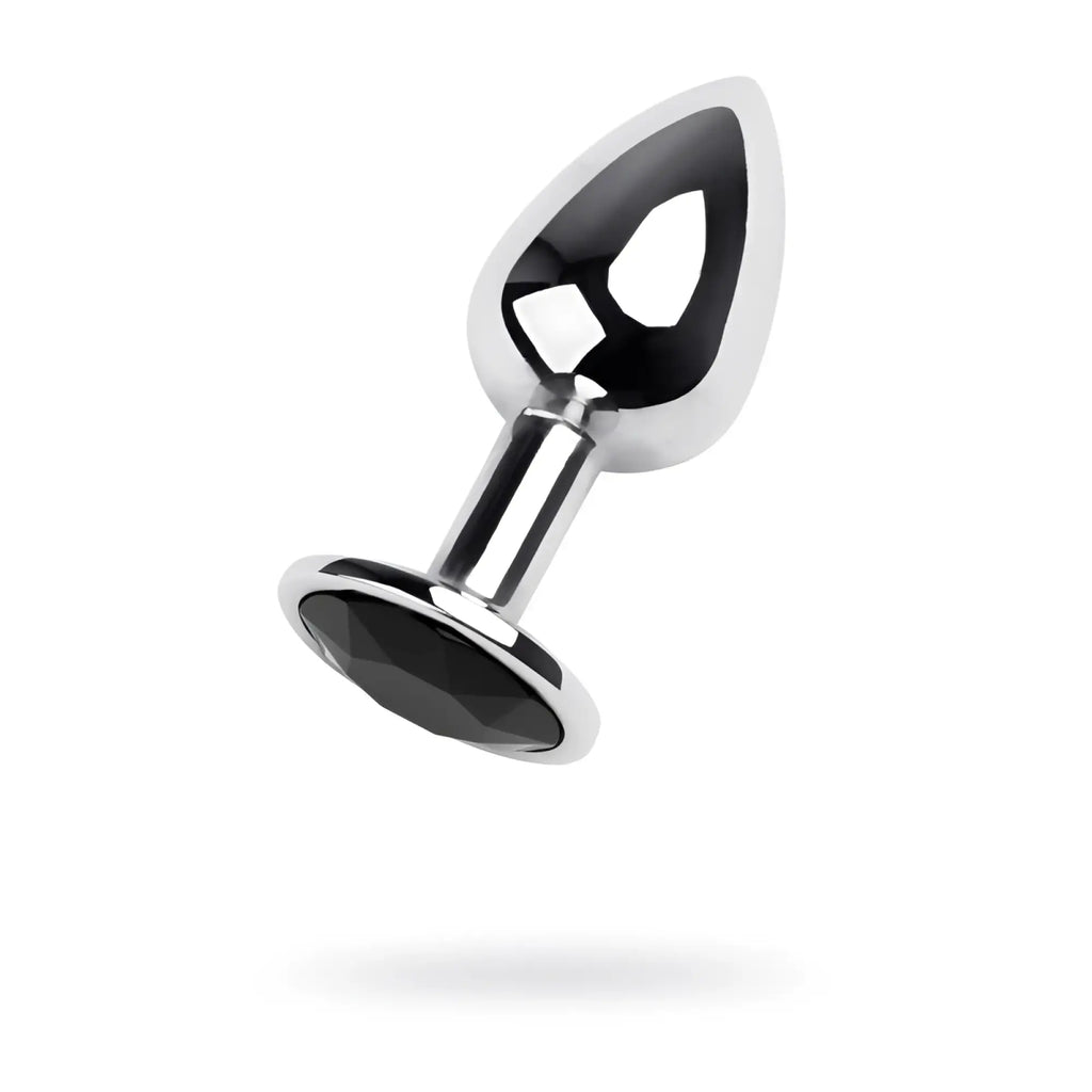 A sleek metal silver anal plug with a chrome finish and a black faceted gemstone base small size