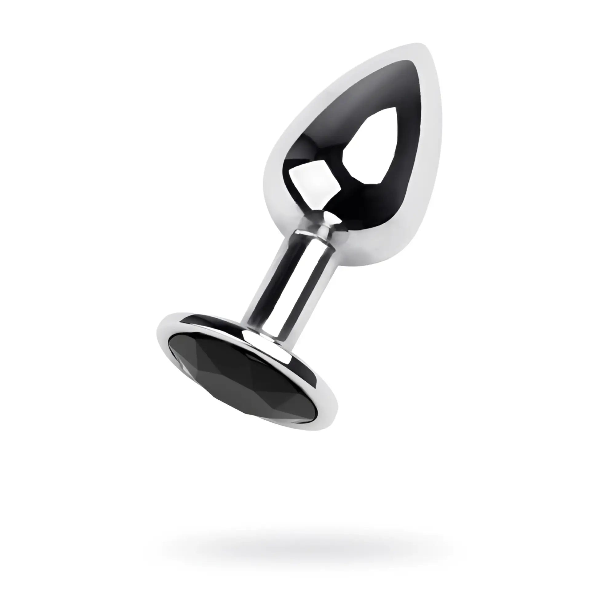 A sleek metal silver anal plug with a chrome finish and a black faceted gemstone base small size