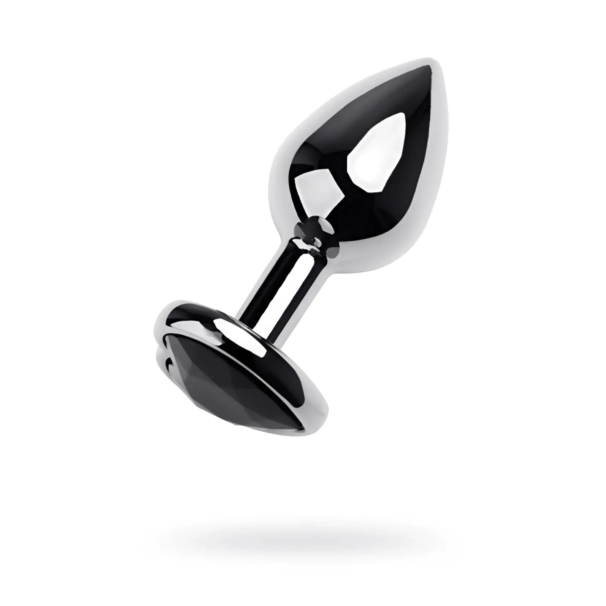 Shiny black and silver metal anal plug with a faceted black tourmaline heart gemstone base small size