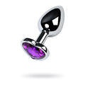 A sleek heart-shaped small metal anal plug with a purple amethyst crystal in polished silver metal
