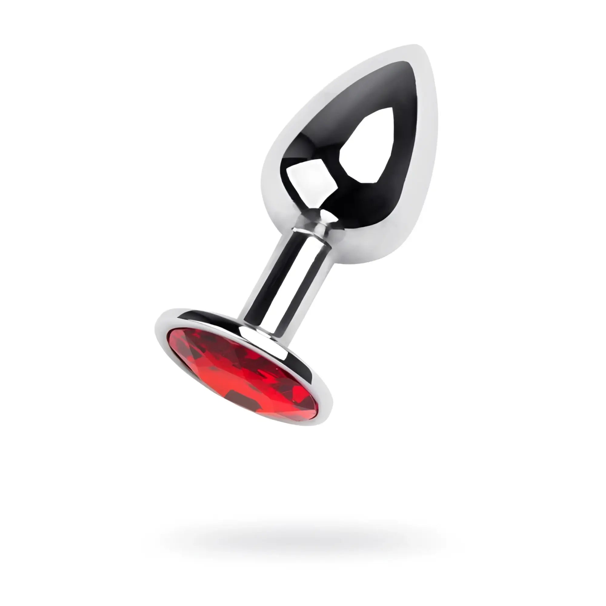 Shiny chrome-plated metal silver anal plug with a faceted red ruby gemstone set in the base small size