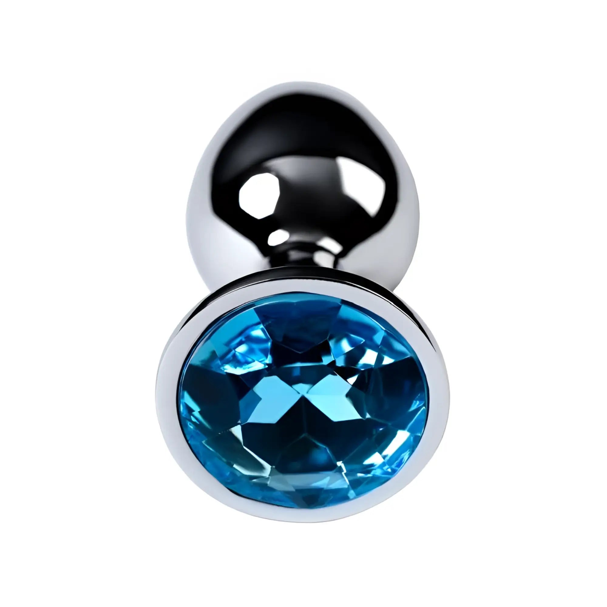 A sleek chrome finished small metal silver anal plug with a prominent oval cut blue topaz crystal center