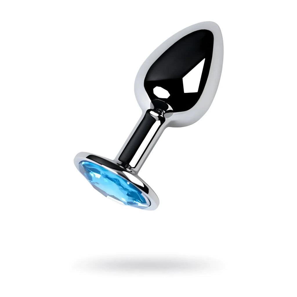 Metal silver metal anal plug small with sleek silver plating black interior and faceted blue topaz crystal base