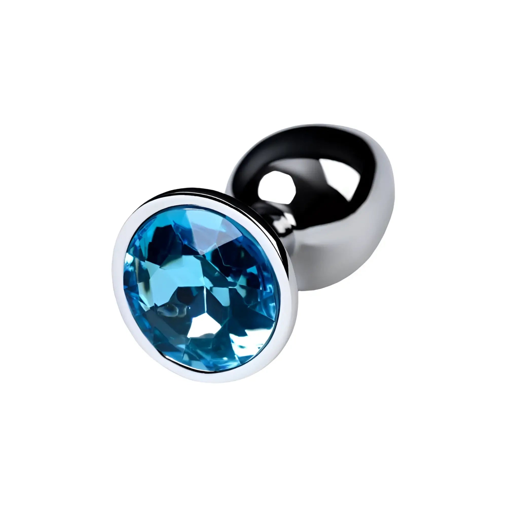 A sleek silver metal anal plug with a faceted blue topaz crystal set in its head small size
