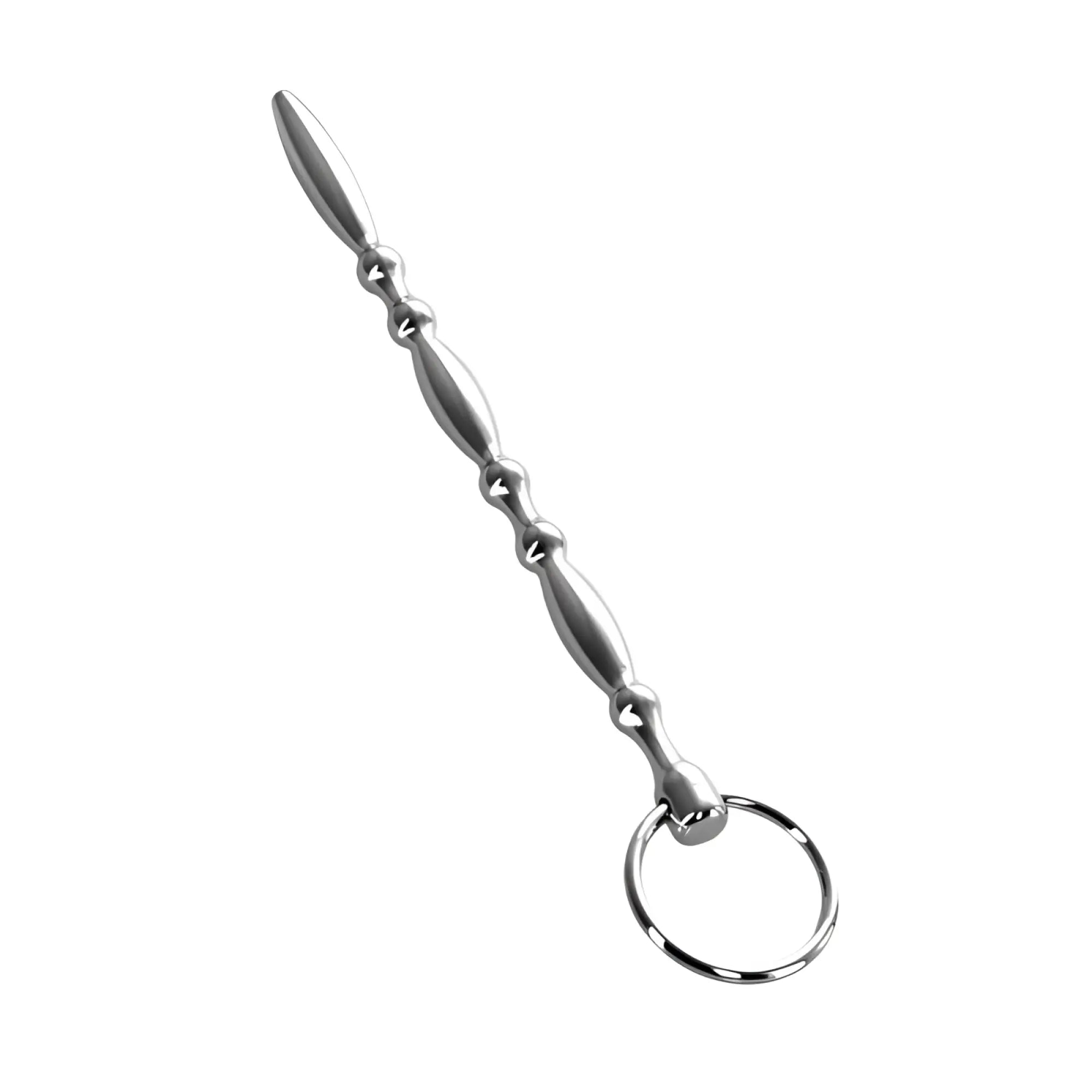 Metal silver metal beaded urethral plug with ring featuring silver metallic bead segments along its length