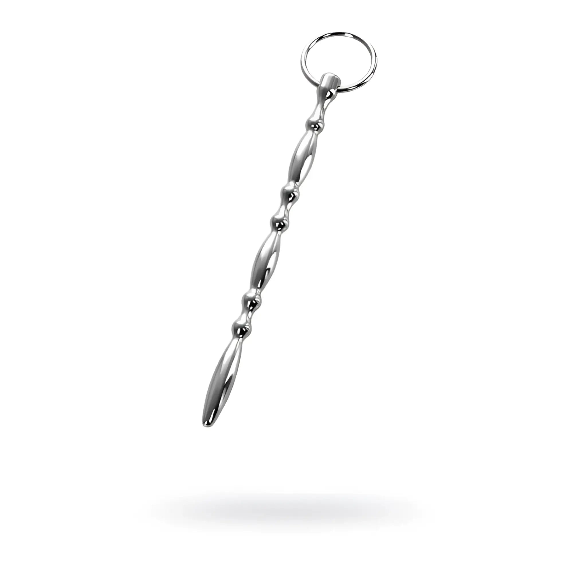 Metal silver metal beaded urethral plug with ring featuring a sleek metallic design of oval and spherical segments