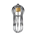 Chrome-plated silver metal birdcage cock cage with a gold-colored padlock for secure metal chastity play