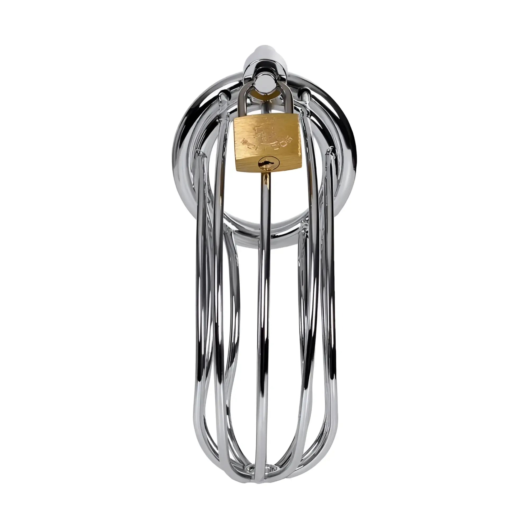 Chrome-plated silver metal birdcage cock cage with a gold-colored padlock for secure metal chastity play