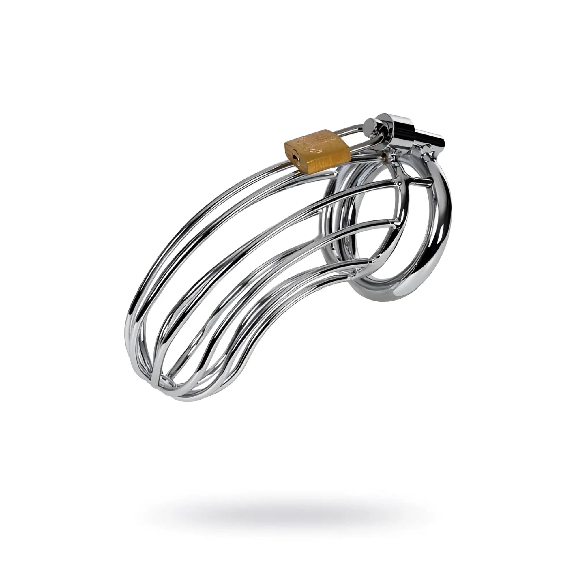 Chrome-plated metal silver birdcage cock cage with a gold-colored lock for secure chastity play