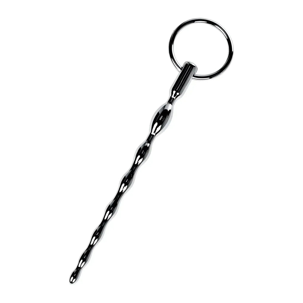 Shiny chrome-plated metal silver braided urethral plug with twisted segmented design and replaceable ring
