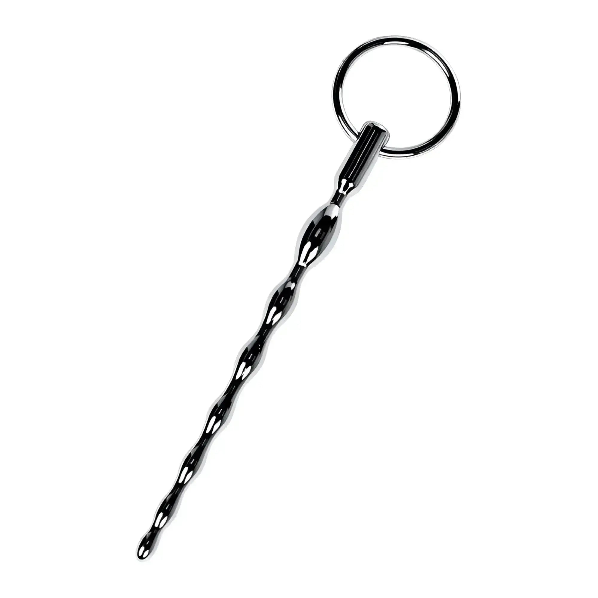 Shiny chrome-plated metal silver braided urethral plug with twisted segmented design and replaceable ring
