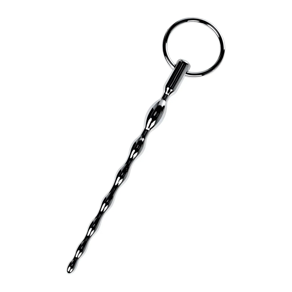 Shiny chrome-plated metal silver braided urethral plug with twisted segmented design and replaceable ring