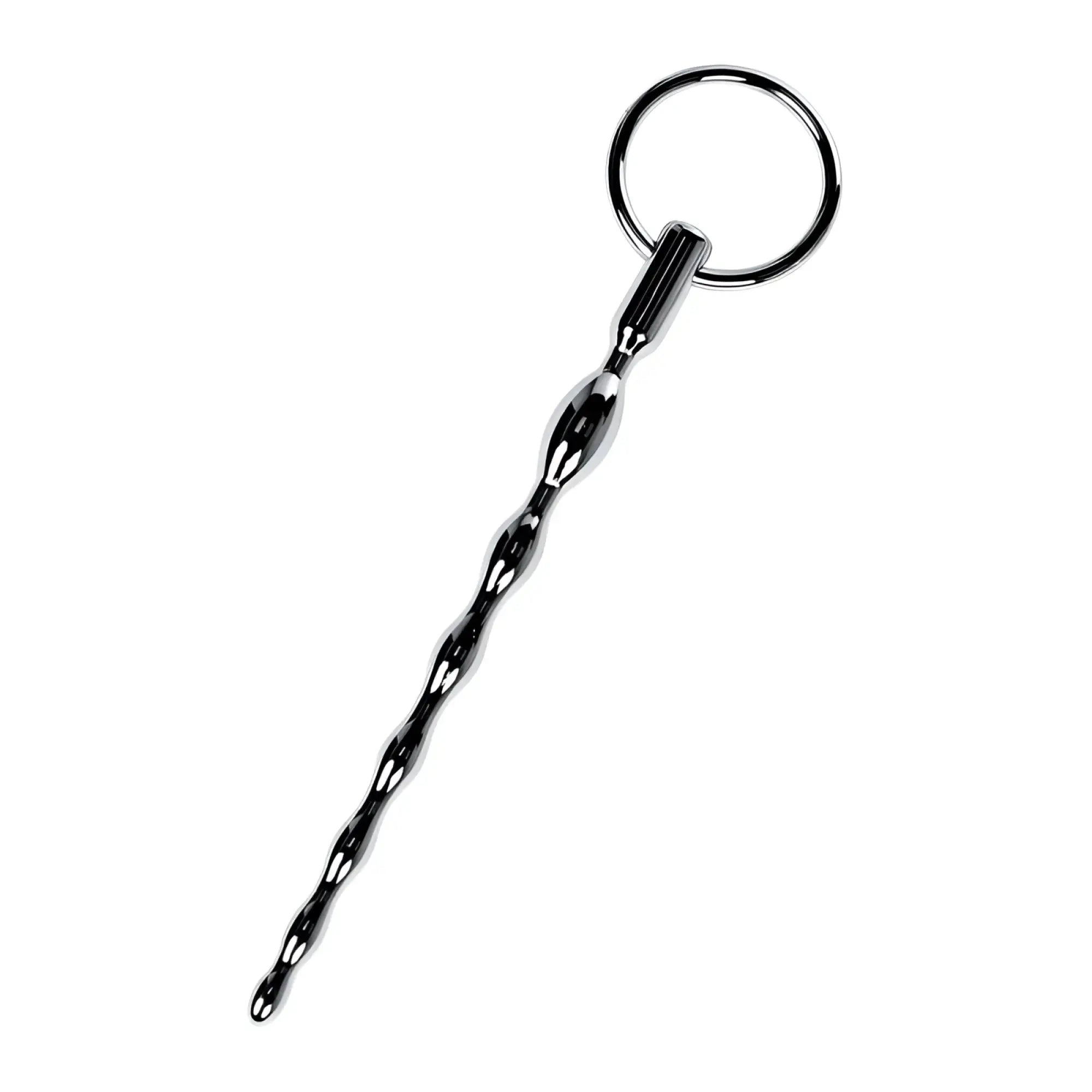 Shiny chrome-plated metal silver braided urethral plug with twisted segmented design and replaceable ring