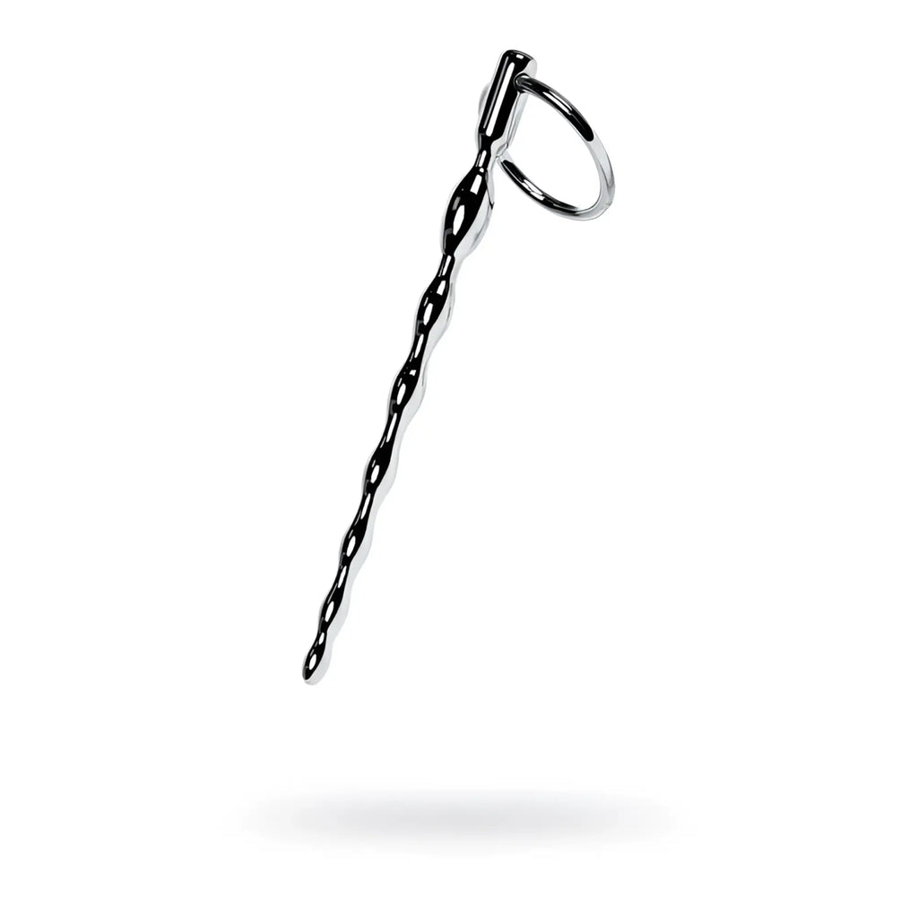 A sleek chrome-finished metal silver braiding urethral plug with twisted design and replaceable ring attachment