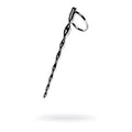 A sleek chrome-finished metal silver braiding urethral plug with twisted design and replaceable ring attachment