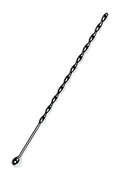 Metal silver metal braided urethral sound featuring a sleek twisted black metal stirrer with polished silver tip