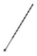 Metal silver metal braided urethral sound featuring a sleek twisted black metal stirrer with polished silver tip