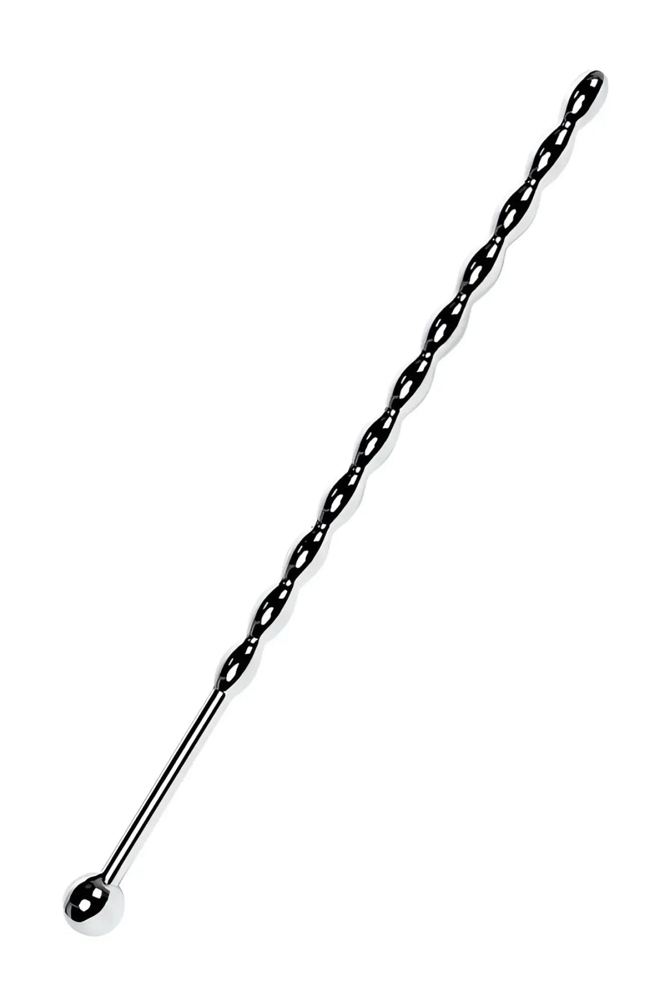 Metal silver metal braided urethral sound featuring a sleek twisted black metal stirrer with polished silver tip