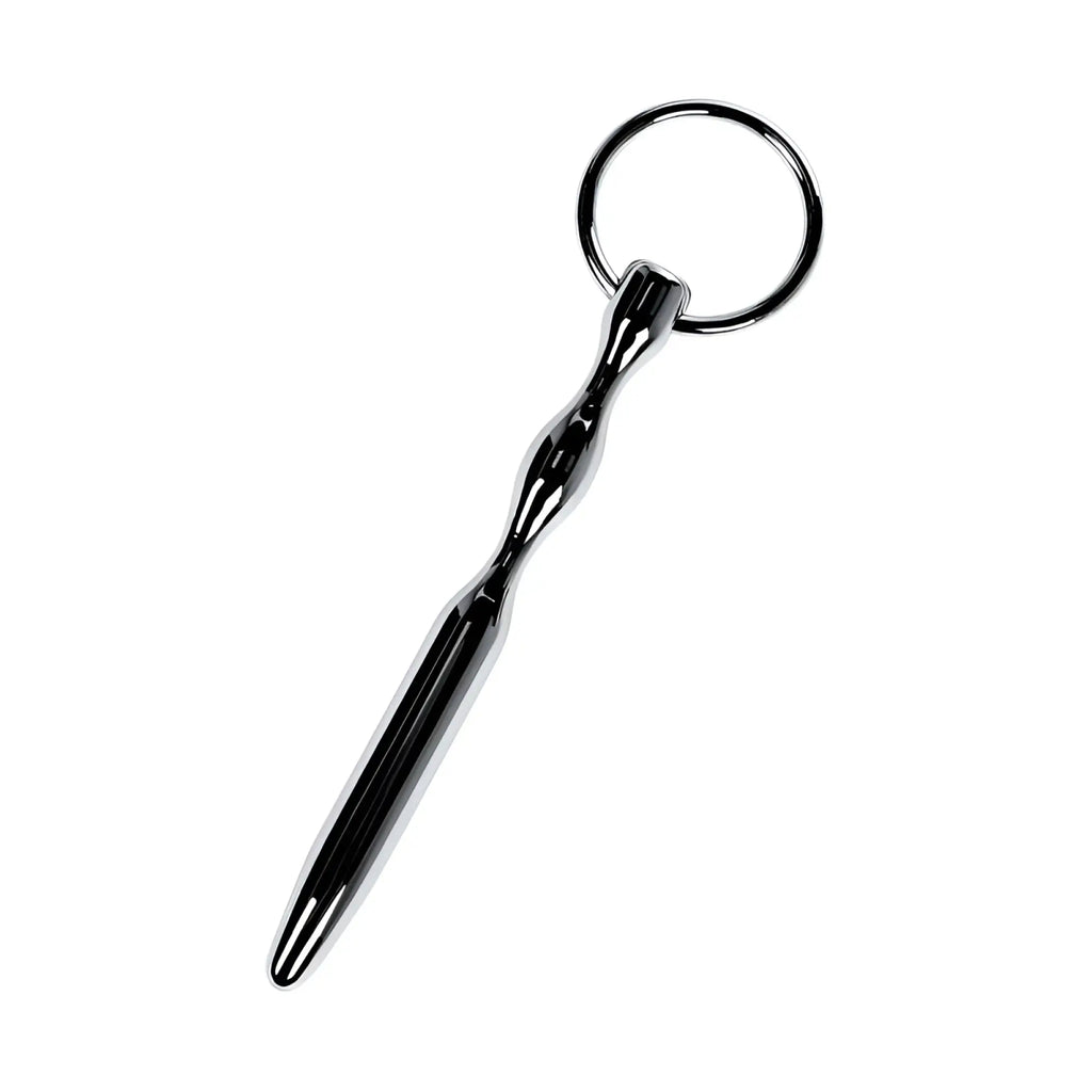 Black metallic metal silver bullet shaped urethral plug with sleek tapered design and polished chrome ring keychain