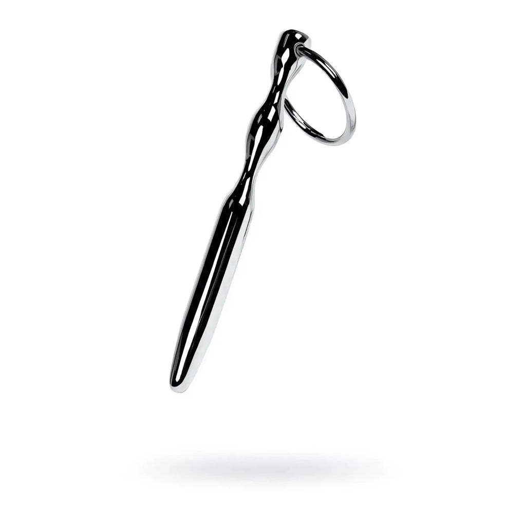 Shiny chrome-plated metal silver bullet shaped urethral plug with twisted handle and ring keychain accessory