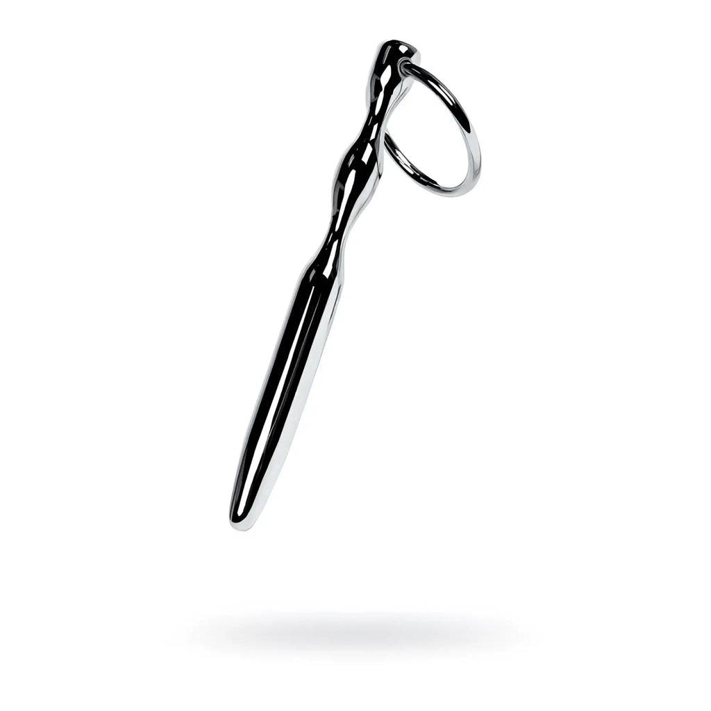 Shiny chrome-plated metal silver bullet shaped urethral plug with twisted handle and ring keychain accessory