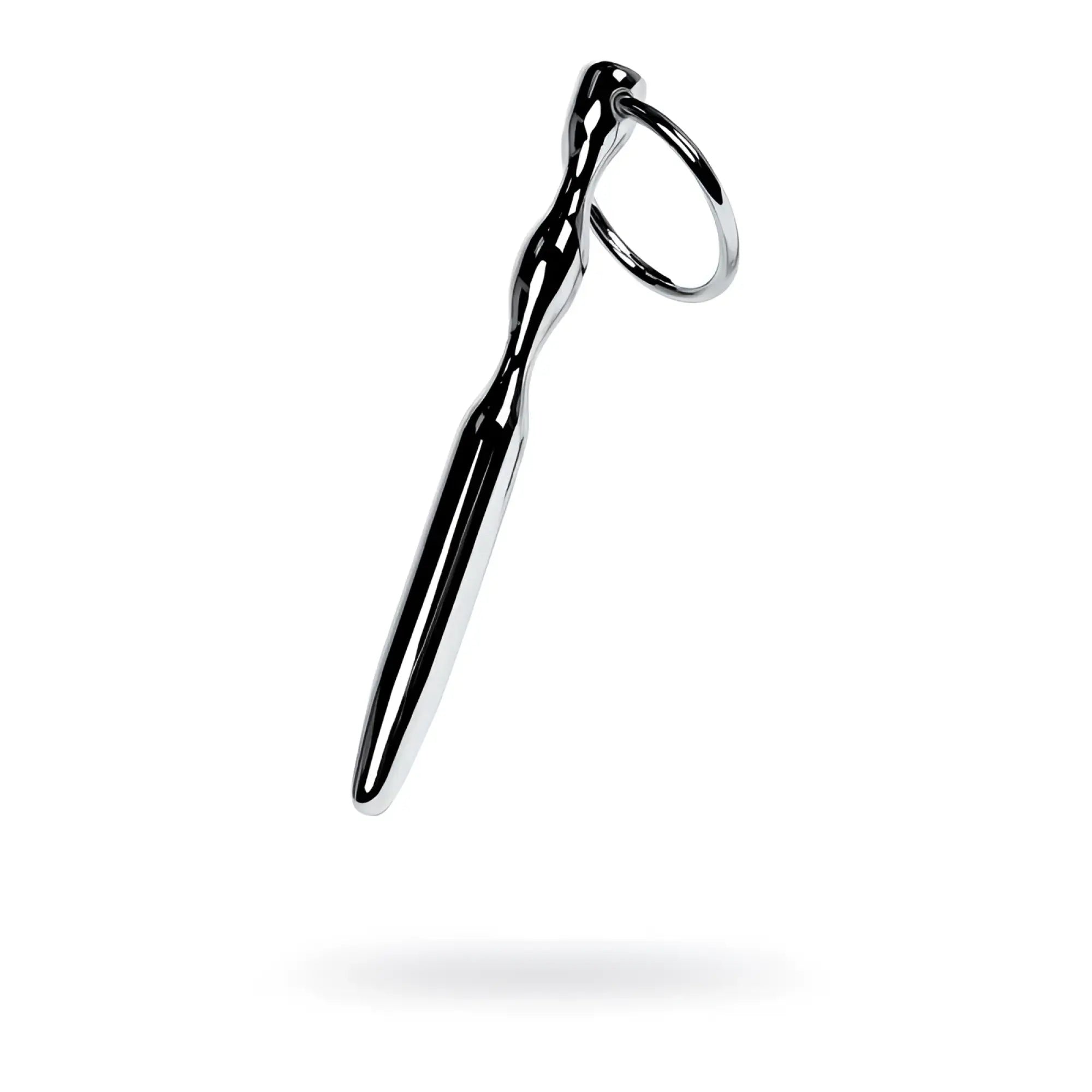 Shiny chrome-plated metal silver bullet shaped urethral plug with twisted handle and ring keychain accessory