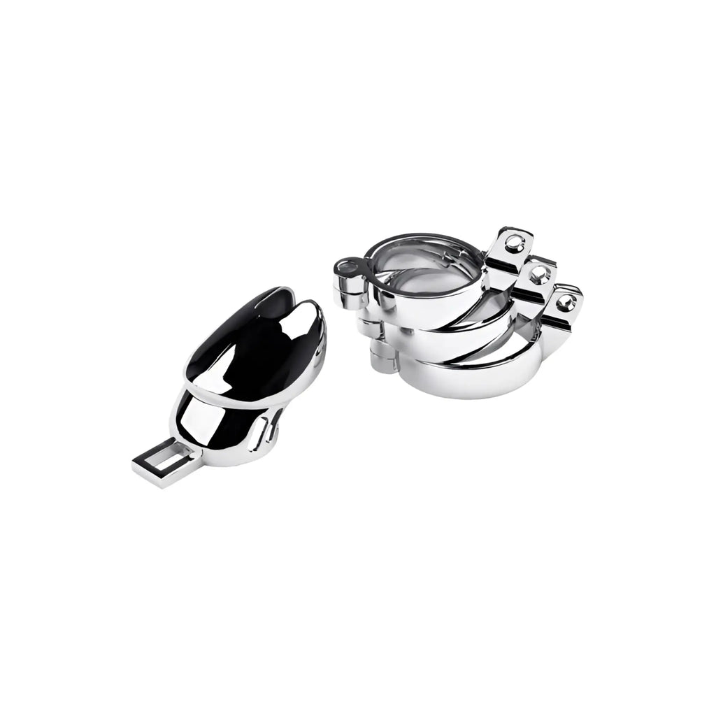 Chrome-finished metal silver chastity cage with blackened interior and matching locking mechanism adjustable design