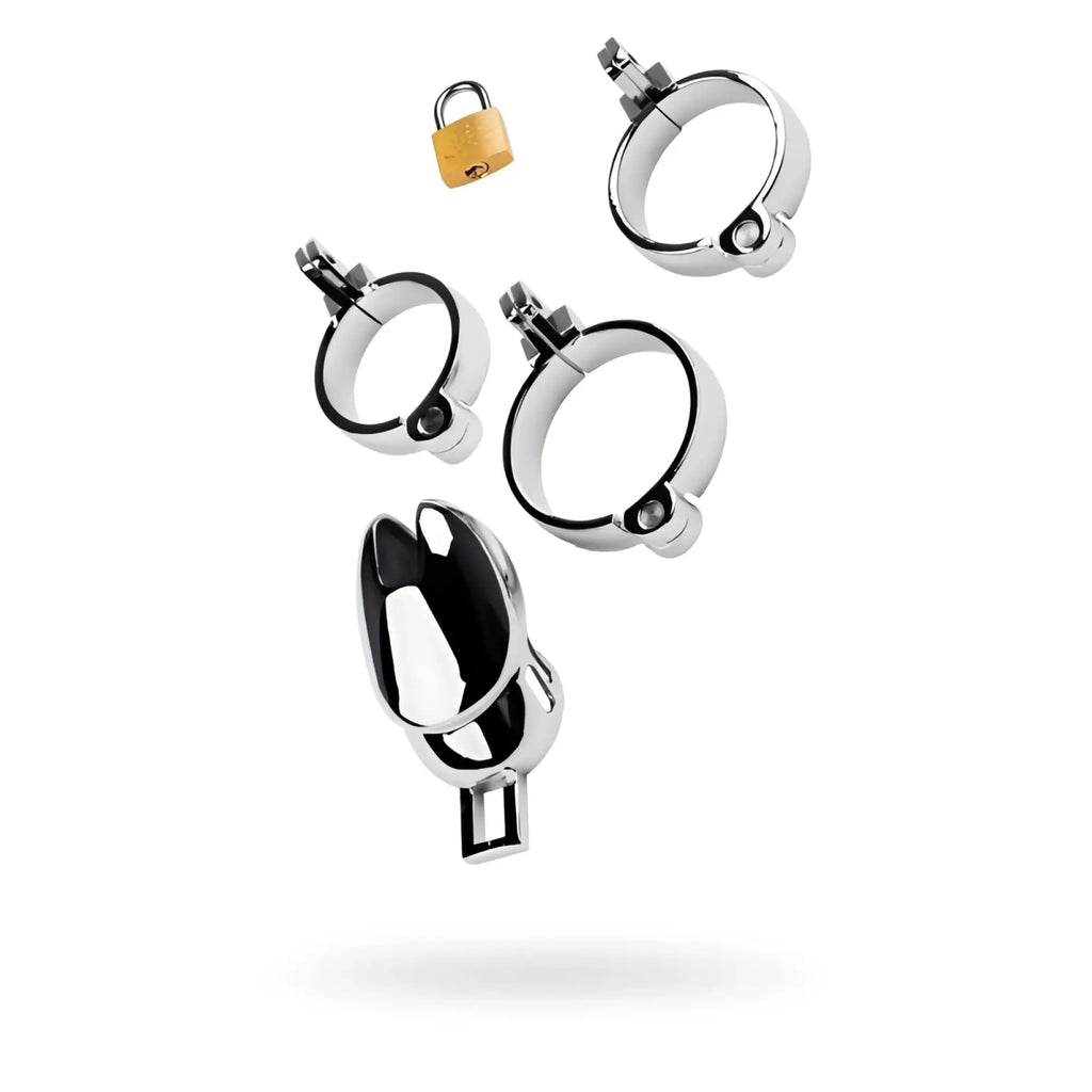 Metal silver metal chastity cage adjustable with chrome finish lock and three circular rings for secure wear