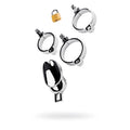 Metal silver metal chastity cage adjustable with chrome finish lock and three circular rings for secure wear
