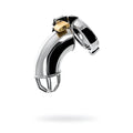 Shiny chrome-plated metal silver cock cage with rings and gold-colored lock attached on top