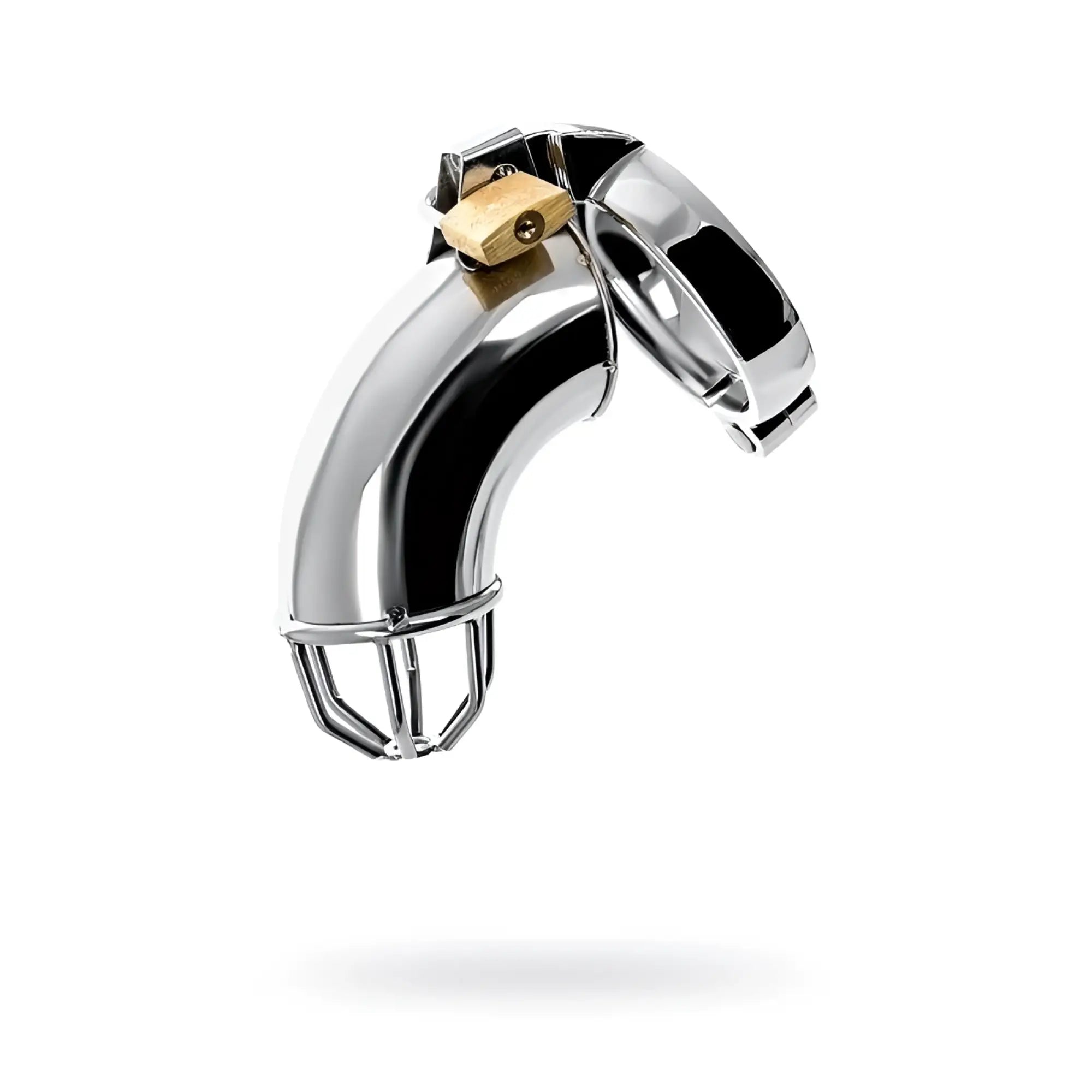 Shiny chrome-plated metal silver cock cage with rings and gold-colored lock attached on top